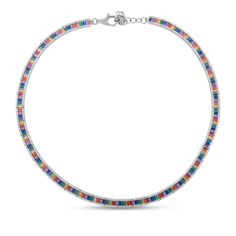 Rainbow Full-Tour Baguette Cut Silver Necklace