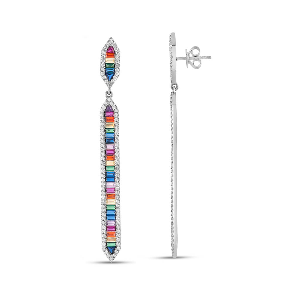 Rainbow Stringed Baguette Cut Silver Earrings