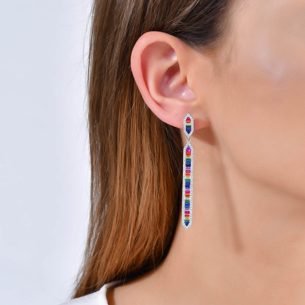 Rainbow Stringed Baguette Cut Silver Earrings