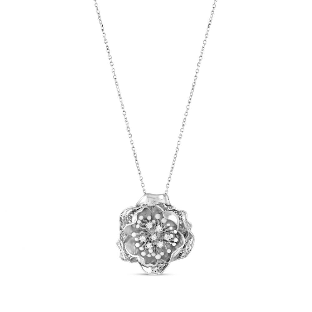 Gallica Multi-Petaled Enamel Seeded Rose Model Silver Necklace