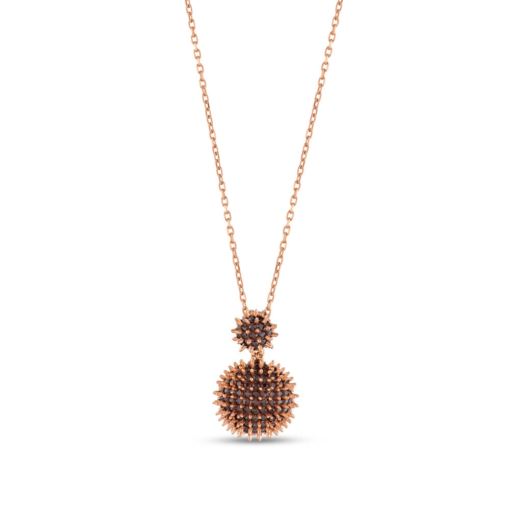 Hedgehog Flat Bottom Surfaced Brown Colored Half Ball Designed Rose-Gold Colored Grinded Silver Necklace