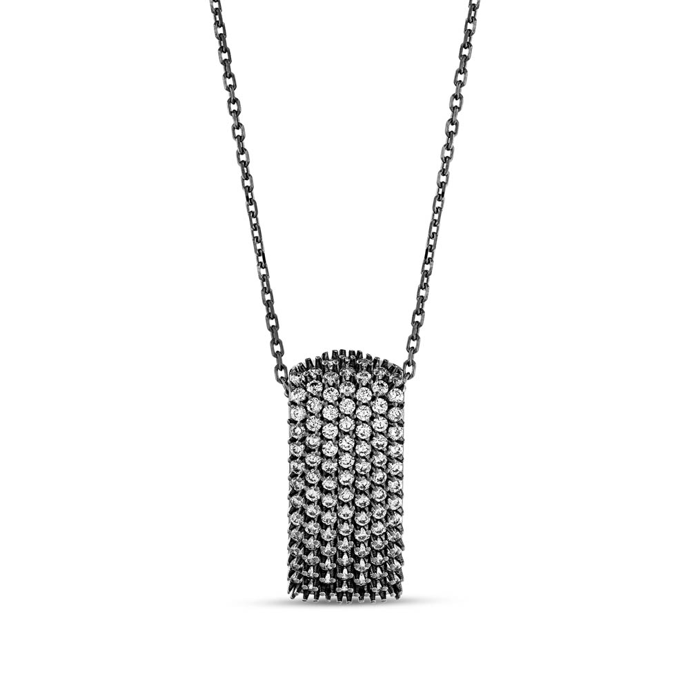 Hedgehog Black Curved Rectangle Designed Grinded Silver Necklace
