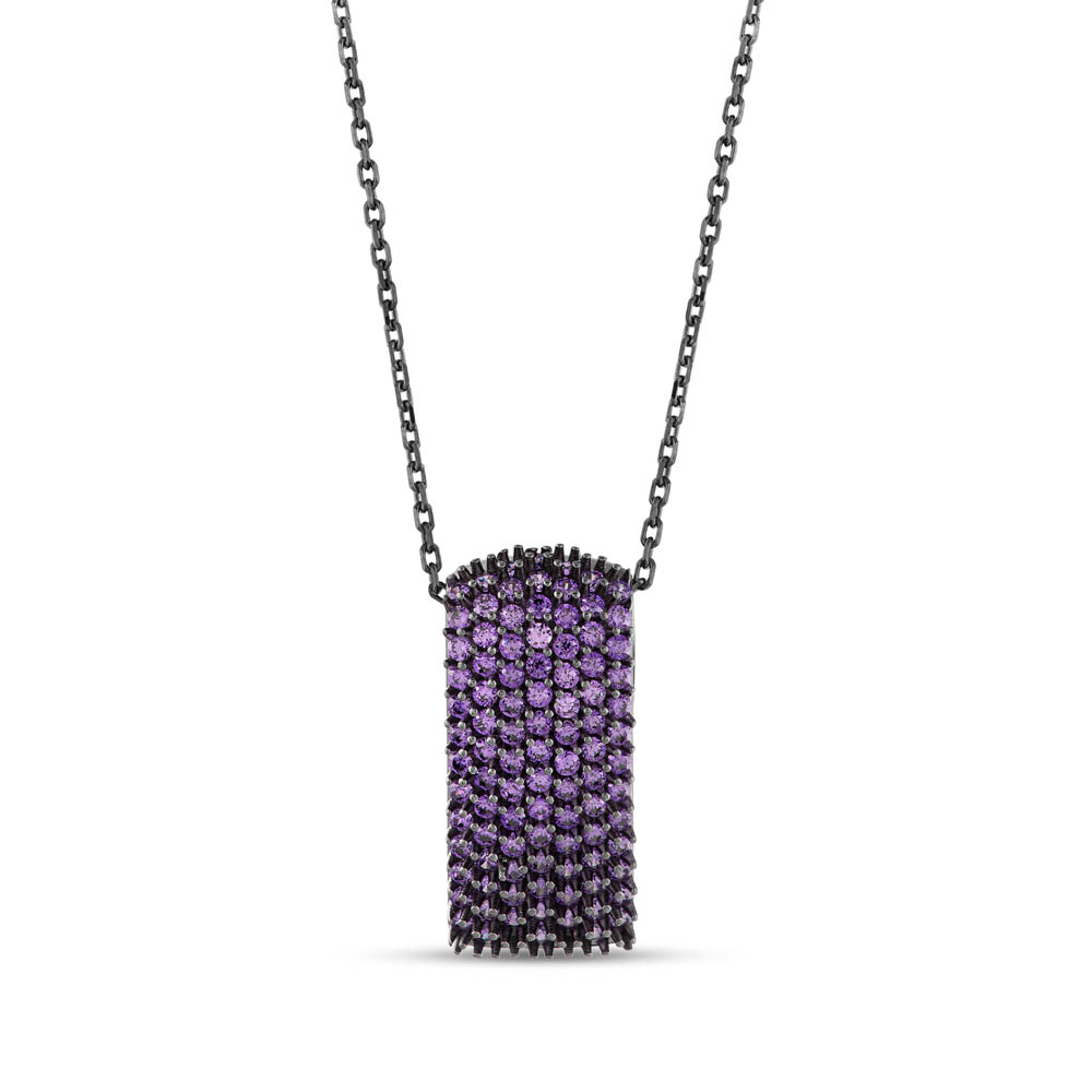 Hedgehog Purple Curved Rectangle Designed Grinded Silver Necklace