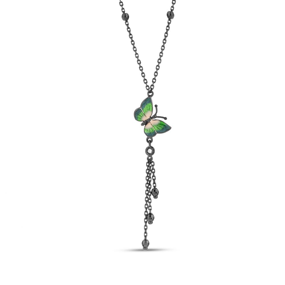 Night Green Butterfly Designed Zincirli Silver Necklace