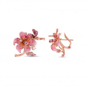 Fairy Tales Pink Flower ve Water Fairy Designed Enamel Silver Earrings