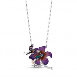 Fairy Tales Purple Flower and Water Fairy Designed Enamel Silver Necklace