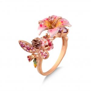 Fairy Tales Pink Flower and Water Fairy Enamel Model-1 Silver Ring