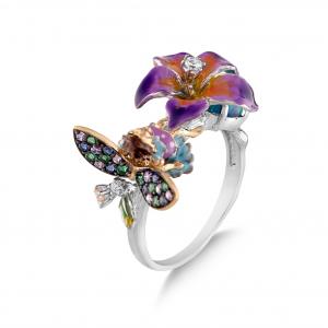 Fairy Tales Purple Flower and Water Fairy Enamel Model-1 Silver Ring