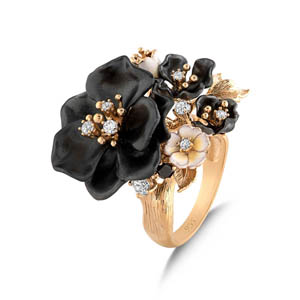 Primrose Black Flower Designed Model-2 Enamel Silver Ring