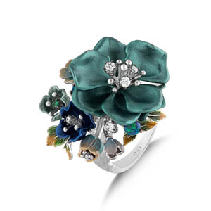 Primrose Green Flower Designed Model-2 Enameled Silver Ring