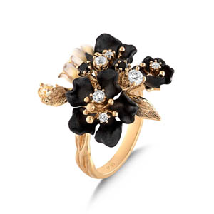 Primrose Black Flower Designed Model-1 Enameled Silver Ring