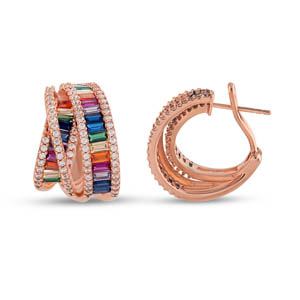 Rainbow Spiral Baguette Cut Rose Gold Colored Silver Earrings