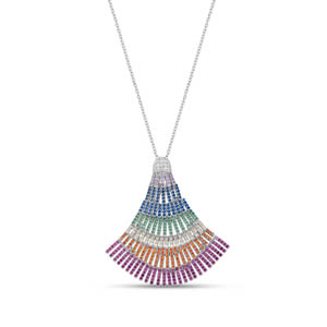 Rainbow Fan Baguette Cut Silver Necklace