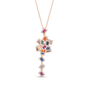 Rainbow Rectangle Baguette Cut Rose Gold Colored Silver Necklace