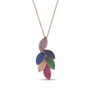 Rainbow Leaf Baguette Cut Rose Gold Colored Silver Necklace