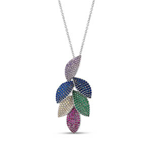 Rainbow Leaf Baguette Cut Silver Necklace
