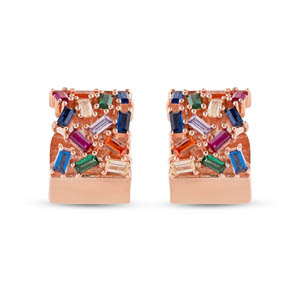 Rainbow Colored Baguette Cut Rose Gold Colored Silver Earrings