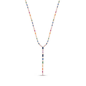 Rainbow Cluster Baguette Cut Rose Gold Colored Silver Necklace