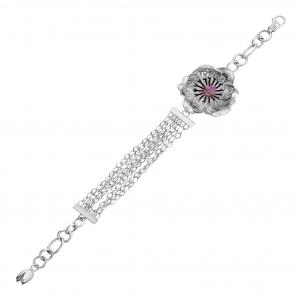 Gallica Black-Pink Seeded Rose Model Silver Bracelet