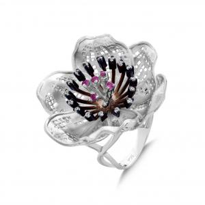 Gallica Black-Pink Seeded Rose Model Silver Ring