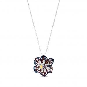 Gallica Hole Petaled Purple-Yellow Seeded Rose Model Silver Necklace