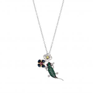 Global Warming Flower and Green Lizard Designed Silver Necklace
