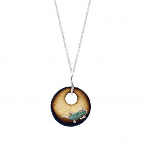 Global Warming Round Leaf and Green Lizard Design Silver Necklace