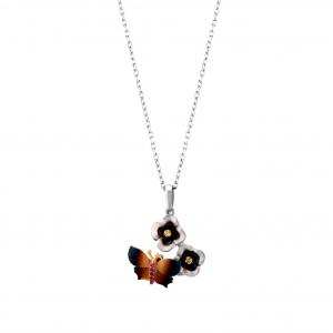Global Warming Flower and Butterfly Design Silver Necklace