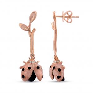 Ladybee Pink Ladybug and Leaf Design Silver Earrings