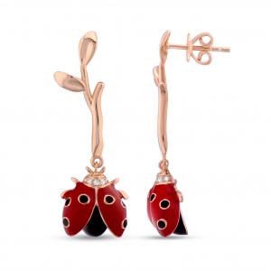 Ladybee Red Ladybug and Leaf Design Silver Earrings