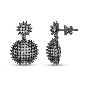 Hedgehog Flat Bottom Surfaced Black Colored Half Ball Designed Grinded Silver Earrings
