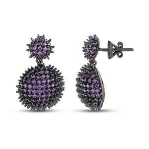 Hedgehog Flat Bottom Surfaced Purple Colored Half Ball Designed Grinded Silver Earrings