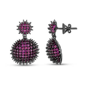 Hedgehog Flat Bottom Surfaced Fuchsia Colored Half Ball Designed Grinded Silver Earrings