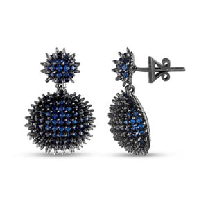 Hedgehog Flat Bottom Surfaced Blue Colored Half Ball Designed Grinded Silver Earrings
