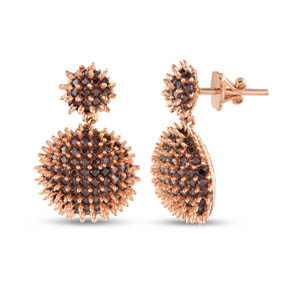 Hedgehog Flat Bottom Surfaced Brown Colored Half Ball Designed Grinded Rose-Gold Colored Silver Earrings