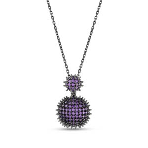 Hedgehog Flat Bottom Surfaced Purple Colored Half Ball Designed Grinded Silver Necklace