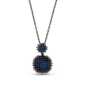Hedgehog Flat Bottom Surfaced Blue Colored Half Ball Designed Grinded Silver Necklace