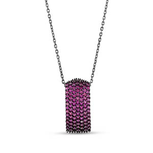 Hedgehog Pink Curved Rectangle Designed Grinded Silver Necklace
