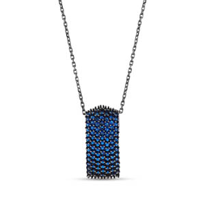 Hedgehog Blue Curved Rectangle Designed Grinded Silver Necklace