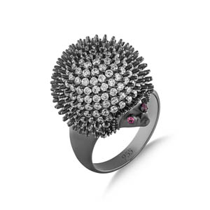 Hedgehog Black Designed Grinded Silver Ring