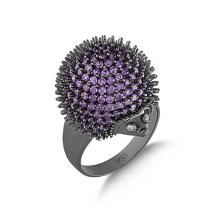Hedgehog Purple Designed Grinded Silver Ring