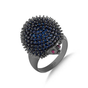 Hedgehog Blue Designed Grinded Silver Ring