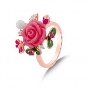Rosered Rose and Pearl Designed Rose Gold Colored Silver Ring