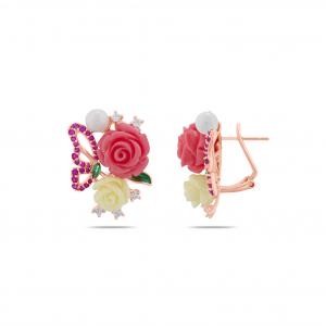 Rosered Butterfly and Rose Designed Rose Gold Colored Silver Earrings
