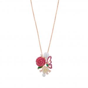 Rosered Butterfly and Rose Designed Rose Gold Colored Silver Necklace