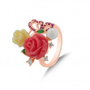 Rosered Butterfly and Rose Designed Rose Gold Colored Silver Ring