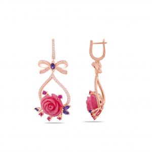 Rosered Ribboned Rose Designed Gold Colored Silver Earrings