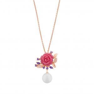 Rosered Purple Budded Rose Designed Pearl Rose Gold Colored Silver Necklace