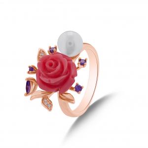Rosered Purple Bud and Rose Designed with Pearl Rose Gold Colored Silver Ring