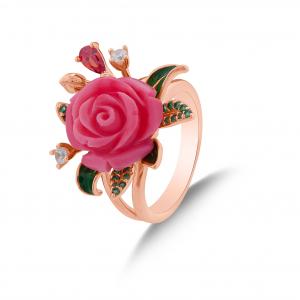 Rosered Petaled Rose Designed Rose Gold Colored Silver Ring